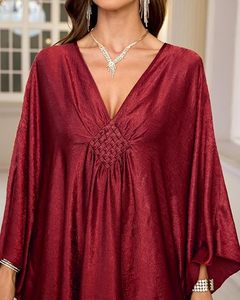 V Neck Maxi Abaya <b>Dress</b> Batwing Sleeve <b>Loose</b> Fit Asymmetrical Hem Solid Color Women's Daily Wear Polyester Modest Style - Product Image 3