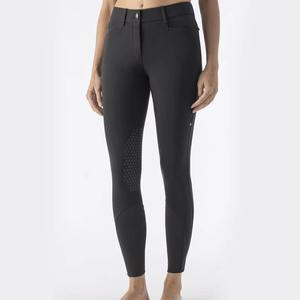 <b>Women</b> High Waist Full Length Equestrian Breeches With Knee Patches And Button Fly Closure <b>Black</b> Knitted Spandex Nylon <b>Pants</b> - Product Image 6