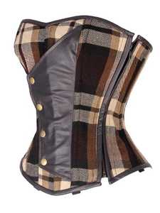 Factory Wholesale Brown Tartan Real Leather Trimmed Overbust Women's Corset Bustier Breathable Quick Dry <b>Wedding</b> Waist <b>Trainer</b> - Product Image 1