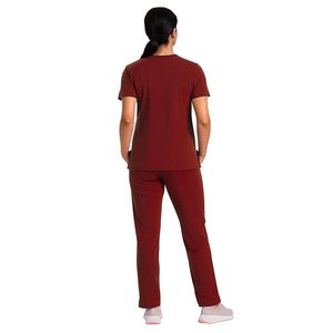 Conjunto de uniforme médico unisex color granate con cuello en V y pantalón, tejido de estambre ecológico de elastano/poliéster/rayón, apto para detección por radiofrecuencia. - Product Image 2