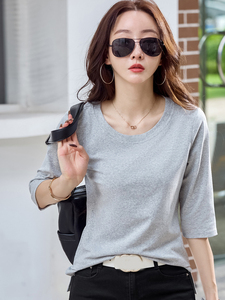 Camiseta de Verano para Mujer, Cuello Redondo, Estilo Coreano, 100% Algodón Jersey, Manga Corta, Color Sólido, Transpirable, Secado Rápido, Ecológica - Product Image 5