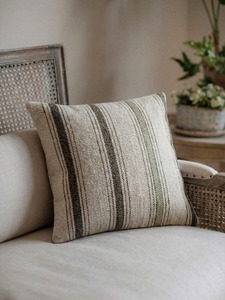 Housse de coussin carrée en lin et coton rayé, fermeture à rabat, style bohème, lavable, décorative, en coton et fil de poly bulla - Product Image 1
