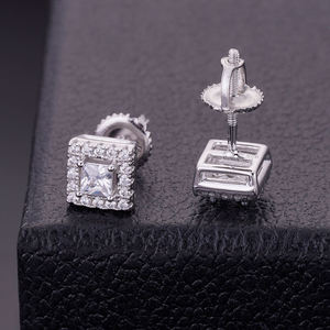 925 Sterling Silver Square Moissanite Stud <b>Earrings</b> <b>Gold</b> Plated Princess Cut Halo Crown <b>Screw</b> <b>Back</b> Fine Jewelry Unisex - Product Image 3