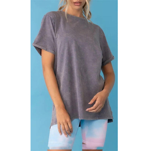 T-shirt ample à col rond pour femme, manches courtes, en coton lavé uni, coupe décontractée, respirant, haut décontracté pour le printemps et l'été - Product Image 1