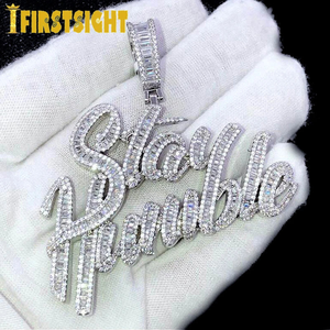 Mens Hip Hop Silver CZ Zircon Cursive Stay Humble Pendant Necklace <b>Iced</b> <b>Out</b> Script Letter Charm Bling <b>Chain</b> Moissanite Jewelry - Product Image 6