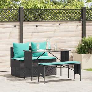 Set da pranzo da giardino in polyrattan nero a 3 pezzi con cuscini - Product Image 1