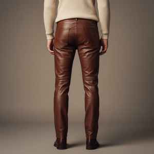 Pantalones de cuero marrón para hombre, pantalones de cuero auténtico de corte ajustado, ropa informal de calle - Product Image 3