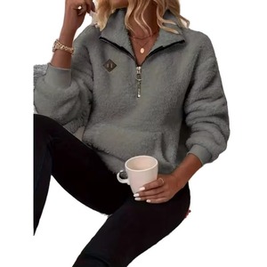 Damen Grauer Fleece-Pullover mit Reißverschluss Halb-Zip Kapuzenpullover Langarm Winter-Oberteil Umweltfreundlich Winddicht Günstiger Preis - Product Image 3