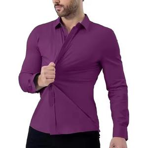 Chemise formelle pour homme, manches longues, coupe ajustée, couleur unie, tissu tissé, longueur normale, couleur violette - Product Image 5