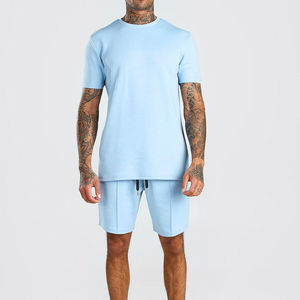 Ensemble t-shirt et short pour homme, bleu clair, col rond, couleur unie, vêtements décontractés d'été, coton tricoté, respirant, coupe classique - Product Image 5
