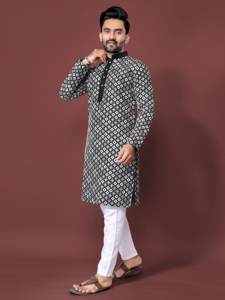 Kurta de Algodón Estampada en Blanco y Negro para Hombre, Corte Regular, Largo hasta la Rodilla, Estilo Tradicional Informal de India y Pakistán, para Fiestas y Bodas - Product Image 1