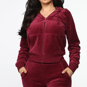 New Heavyweight Maroon Women Velour Hooded Zip Up Sweatshirt Jogger Pants Two Piece <b>Tracksuit</b> Set Workout Tall Girl Women Set - Product Image 3