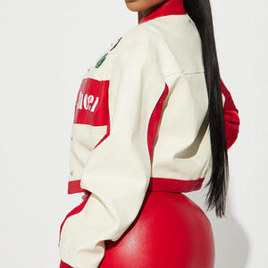 OEMWomen's Red <b>White</b> Color Blocked custom leather <b>jacket</b> With Speed Racer Patch Design Full Sleeve Turn Down Collar Autumn STYLE - Product Image 4