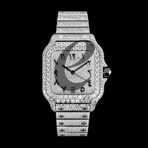Montre carrée contemporaine en moissanite argentée de 40 mm, ton blanc, style hip-hop, montre-bracelet de luxe sertie de pierres - Product Image 1