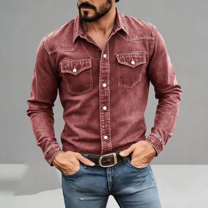 Camisa de mezclilla para hombre, corte ajustado, color liso, manga larga, con botones, cuello vuelto, informal, lavable, de algodón lavado a la piedra - Product Image 2