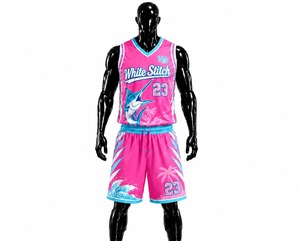 Ensemble de maillot de basket-ball rose pour femme White Stitch, impression par transfert thermique, col rond, sans manches, short, séchage rapide, respirant - Product Image 1