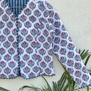 Veste matelassée pour femme, manches trois quarts, imprimé floral, coton, vêtement d'extérieur printemps, longueur normale, tissu tissé, col en V - Product Image 3