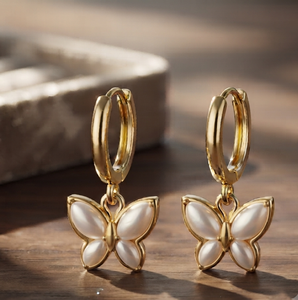 Pendientes de Aro Colgantes de Plata con Incrustaciones de Concha y Mariposa, Chapados en Oro de 18k, de Moda, para Mujer, Joyería de Fiesta - Product Image 1
