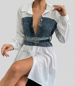 Robe chemise femme bicolore en denim et coton avec cordon de serrage à la taille - Product Image 6