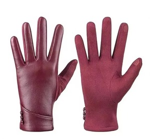 Leather Breathable <b>Touch</b> <b>Screen</b> <b>Gloves</b> Wrist Length Outdoor Plain Style Thermal Winter Daily Use Unlined Maroon - Product Image 1