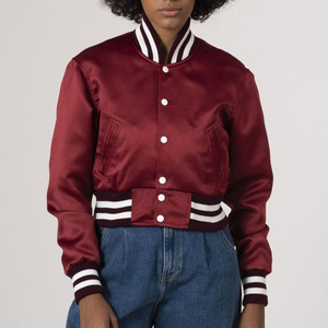 Women's <b>Maroon</b> Satin Varsity Jacket Full Sleeve Stand Collar Button Closure Regular Length Autumn Wear - Product Image 1
