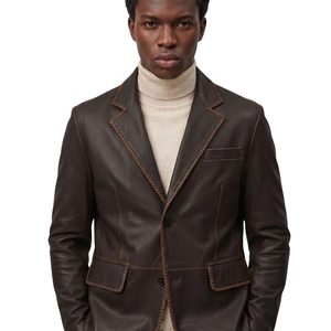 Blazer de cuero marrón para hombre, de un solo botón, con solapa de pico, chaqueta de traje, blazer formal de cuero para hombre, chaqueta de cuero a medida. - Product Image 4