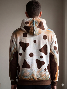 Sudadera con capucha beige elegante con estampado de vaca marrón y un lavado ácido único - Product Image 5