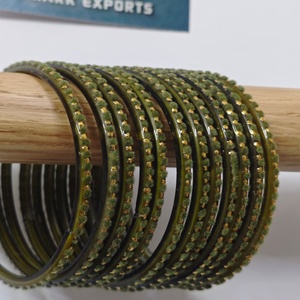 Elegant Green Glass <b>Bangles</b> Set with Velvet Work and Gold Studded Design Traditional Handmade Women Jewelry - Product Image 5