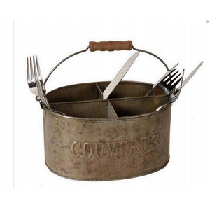 Porte-ustensiles en métal galvanisé blanc style ferme avec poignée en bois, organiseur de couverts pour comptoir de cuisine - Product Image 2