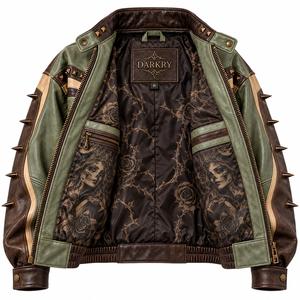 <b>Women</b> Olive Green Brown Leather <b>Jacket</b> Oversized Bomber Spiked Studded Sugar Skull Print Outerwear OEM ODM Offer Provider Custom - Product Image 5