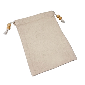 Cotton <b>Drawstring</b> <b>Pouch</b> With Wooden Beads Rectangle Shape Soft Storage Bag - Product Image 1