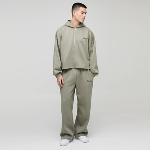 Oversized Boxy <b>Hooded</b> <b>Zip</b> Hoodie Wide Leg Heavyweight Solid Anti-Bacterial Tracksuit Plus Size Casual Outdoor Winter Men - Product Image 2