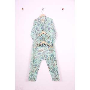 ชุดนอนลำลองลายดอกไม้พิมพ์ลายด้วยมือ ผ้าฝ้าย แขนยาว สำหรับผู้หญิง ใส่หน้าร้อน ชุดนอนสำหรับนอนหลับ - Product Image 5