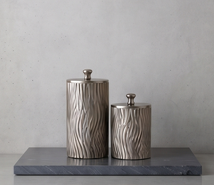 Ensemble de boîtes de rangement verticales personnalisées en métal argenté à grain de bois avec couvercle à bouton pour fruits secs et dates - Product Image 2