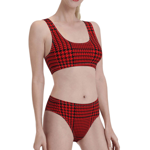 Women Red Black <b>Checkered</b> Bikini Set Scoop Neck Crop <b>Top</b> High Waist Bottom Spandex Polyester Stretch Swimwear - Product Image 4