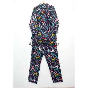 Conjunto de Pijama para Mujer, Hecho a Mano, 100% Algodón, Estampado Floral Digital, Cintura Elástica, Mangas Largas, Transpirable, de Secado Rápido - Product Image 4