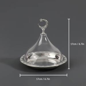 Luxury Ramadan Metal Dates Serving <b>Tray</b> with Dome Lid Gold Crescent Moon Cover Decorative Dessert Display Plate cake stand - Product Image 6