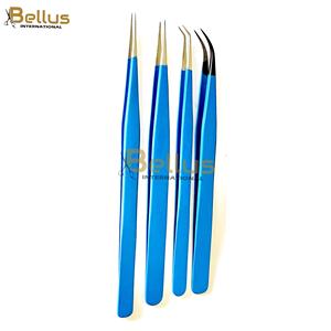 Empuñadura de Diamante Azul Dorado con Logotipo Personalizado 45 °   Pinzas para Extensión de Pestañas con Punta de Fibra, Acero Inoxidable - Product Image 2