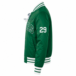 Chaqueta Universitaria Verde Satinada para Mujer Iota Phi Lambda con Botones a Presión, Letras Griegas Bordadas, Cuello y Puños de Punto a Rayas, Ropa Universitaria - Product Image 3
