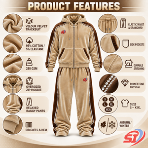 Ensemble de survêtement en velours personnalisé 280 GSM avec strass et cristaux, unisexe, sweat à capuche et pantalon, style Sandstorm Prestige, luxe, streetwear oversize - Product Image 5