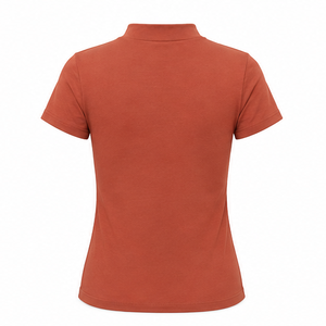 T-shirt personnalisé en jersey de coton côtelé doux pour femme, coupe ajustée moderne, col montant, manches courtes, couleur terre cuite - Product Image 2