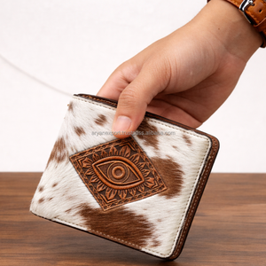 Portefeuille homme en cuir véritable repoussé, fait main, style western, en cuir à poils, bifold, avec motif œil porte-bonheur, vintage, style cowboy - Product Image 4
