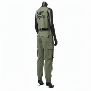 Ensemble jogging cargo sans manches en molleton de coton 240 GSM vert olive pour femme avec logo personnalisé imprimé – Nouveaux ensembles pour femme - Product Image 5