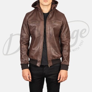 Veste en cuir marron foncé à capuche pour homme, style bomber décontracté, fermeture éclair, coupe ajustée, en cuir d'agneau véritable. - Product Image 6