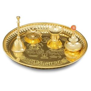 Thali de Puja en laiton avec lampe à huile, Diya, cloche et porte-encens, motif divin en relief pour les activités religieuses - Product Image 3