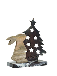 Décoration de Noël en bois : Lapin et arbre en métal foncé avec découpes en forme d'étoile sur base en marbre tourbillonnant - Product Image 2