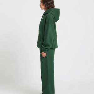 Conjunto Deportivo Casual de 2 Piezas para Mujer, con Capucha, de Forro Polar, Color Verde Sólido, Corte Holgado, Pantalones Anchos Largos con Bolsillos, para Usar en Todas las Temporadas - Product Image 3