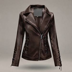 Chaqueta de motociclista de piel sintética para mujer, color rosa metálico, con cremallera, cuello vuelto y cordones. - Product Image 4