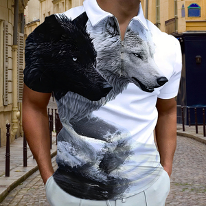 Polo para Hombre con Estampado Digital de Doble Lobo |   Camiseta de Alta Definición con Cierre de Cremallera 1/4 Sublimada | Ropa casual de verano con motivos de animales creativos - Product Image 1