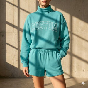 Conjunto de Top de Cuello Alto con Pantalones Cortos para Mujer, Cálido, Cómodo, Estilo Diario, Ropa Contemporánea - Product Image 1